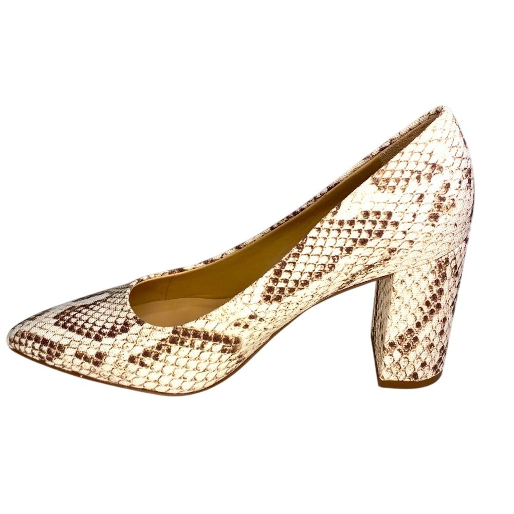 Franco Sarto Snakeskin Print Pointed Toe Block Heel Pumps Cream Brown
